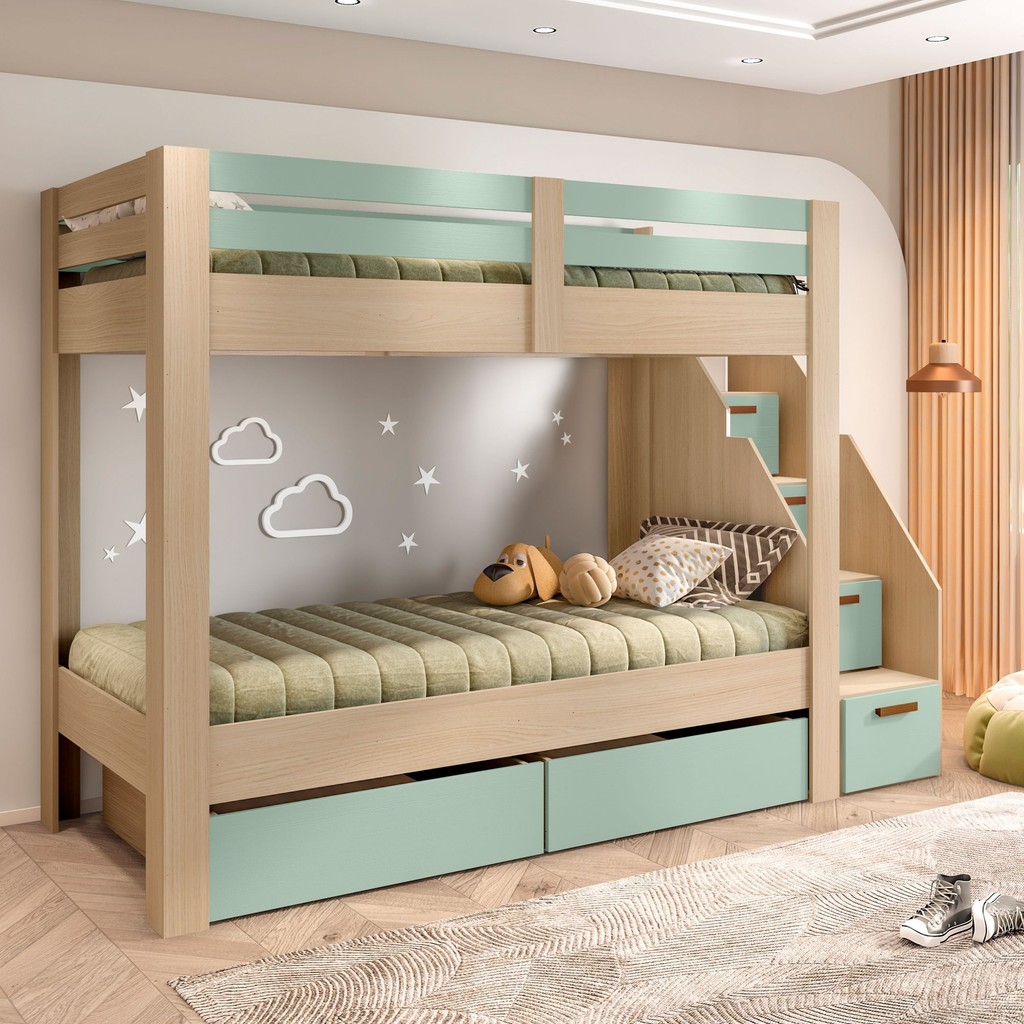 Beliche Infantil/juvenil 2 Gavetões Escada com 4 Gavetas Star Plus Casatema MadeiraOriginals Natural/Menta em Oferta na Shopee