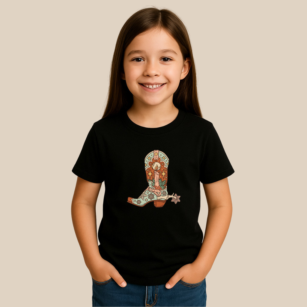 Blusa infantil menina estampa botina texana country camiseta 100% algodão infantil meninas crianças blogueiras