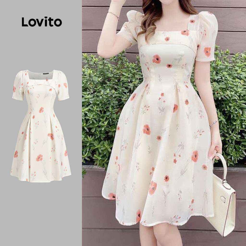 Lovito Vestido Romântico Plissado Com Zíper Primavera/verão Vestido Off White Para Mulheres L134ED671 em Oferta na Shopee