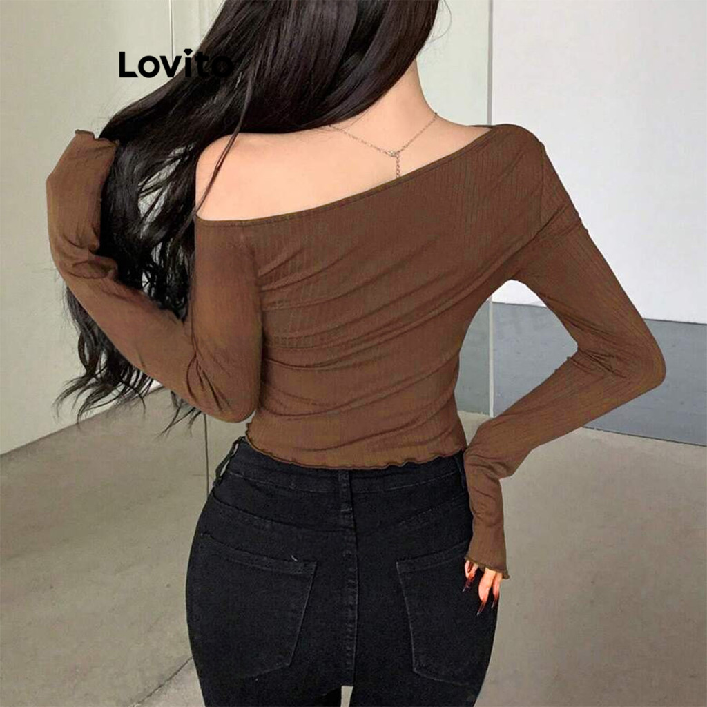 Detalhes do Lovito Camiseta Casual Lisa Assimétrica Com Babados Para Mulheres L101AD216