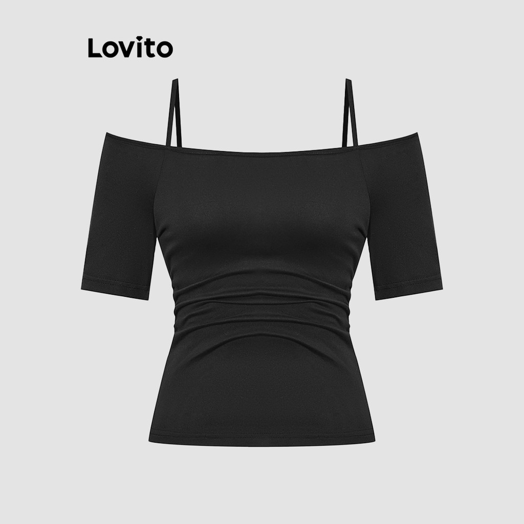 Detalhes do Lovito Camiseta Glamourosa Lisa Plissada Sem Costas Para Mulheres L101AD185