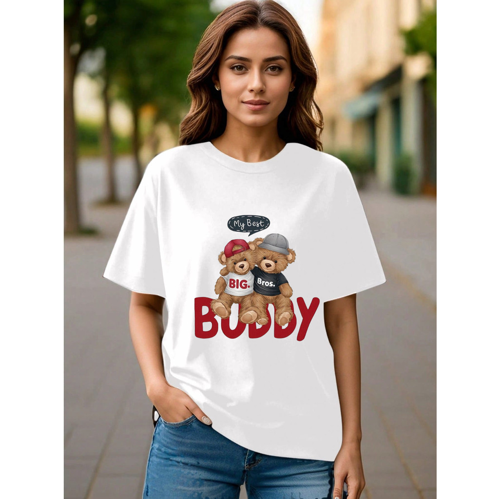 Camiseta feminina oversize estampada ursos My Best Bobby