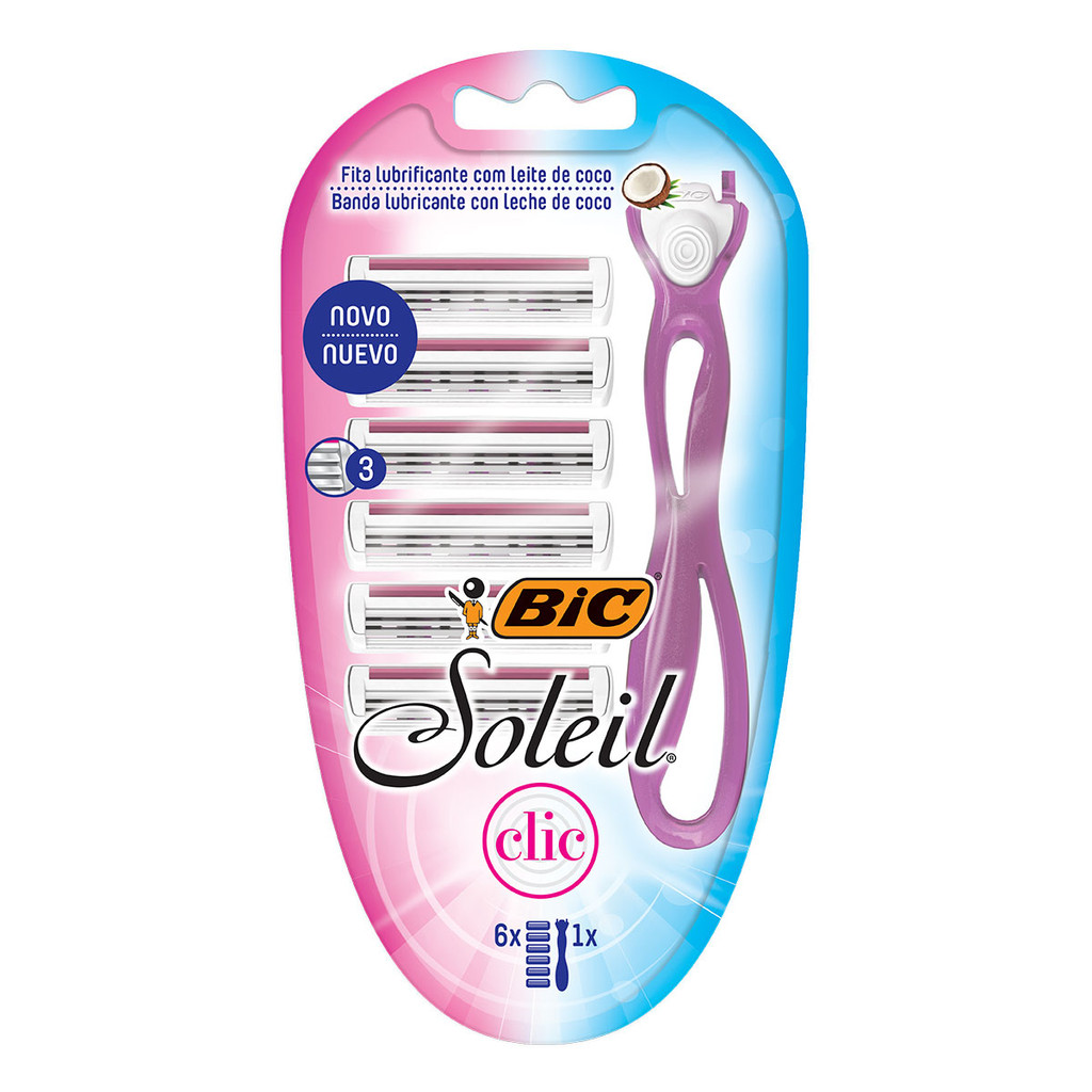 Barbeador descartável Soleil Clic recarregável Rosa + 6 lâminas Bic