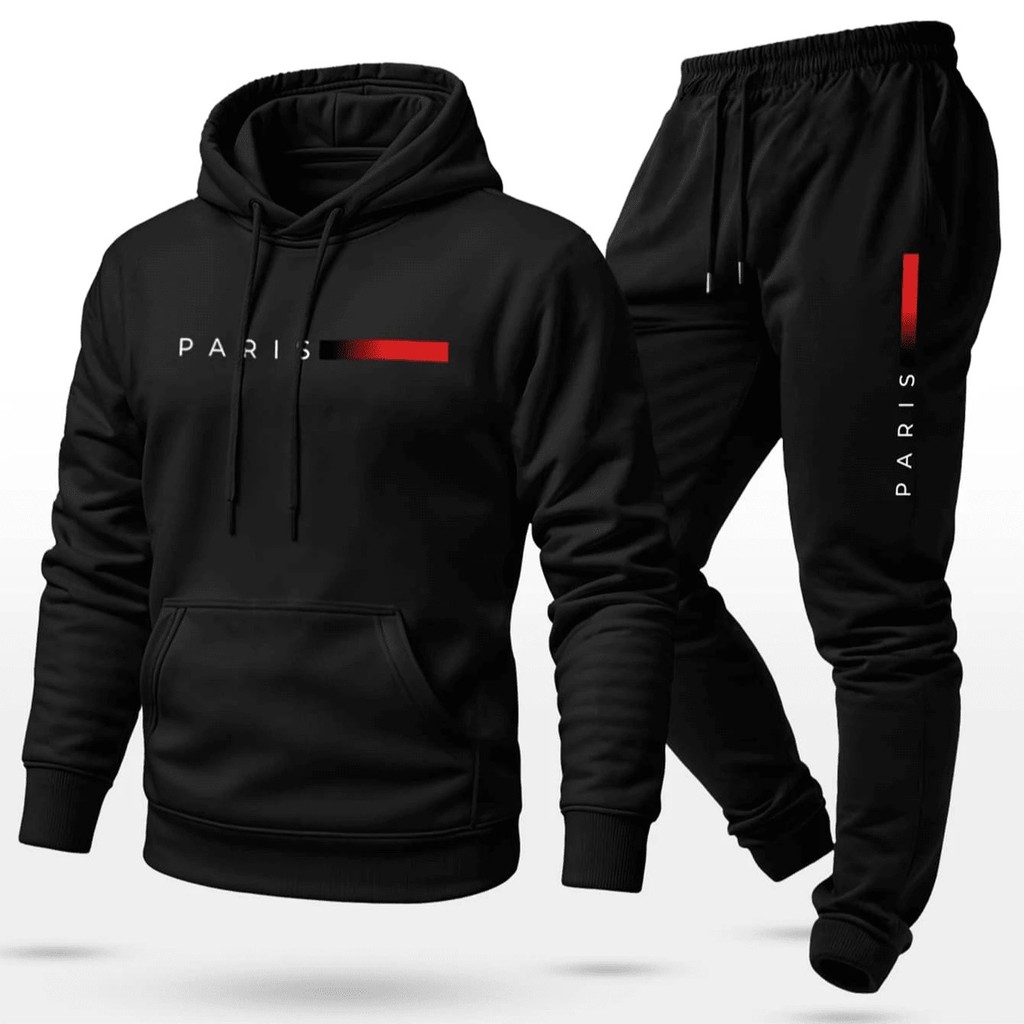 Conjunto Moletom Unissex Estampado Paris Calça Moletom e Blusa Com Capuz Bolso Canguru Frio Inverno