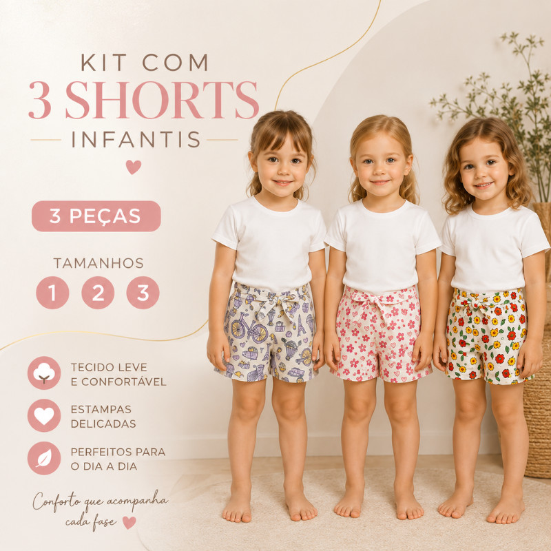 Kit 3 Shorts Infantil Menina Estampado Tamanho 1 2 3 Anos Shortinho Infantil Feminino Sortido |1878| Promoção