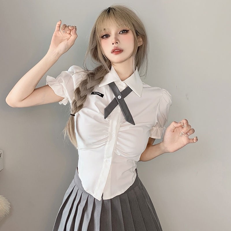 Puro desejo estilo irmã sênior manga bufante cintura estreita jk camisa branca feminina quente menina camisa curta Desig