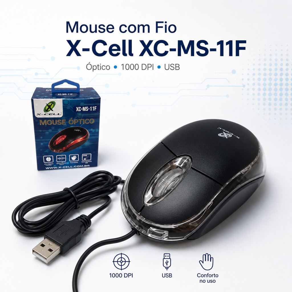 Mouse Óptico X-Cell Xc-ms-11f 1000 Dpi USB Preto Ergonômico Gamer Optico Com Cabo