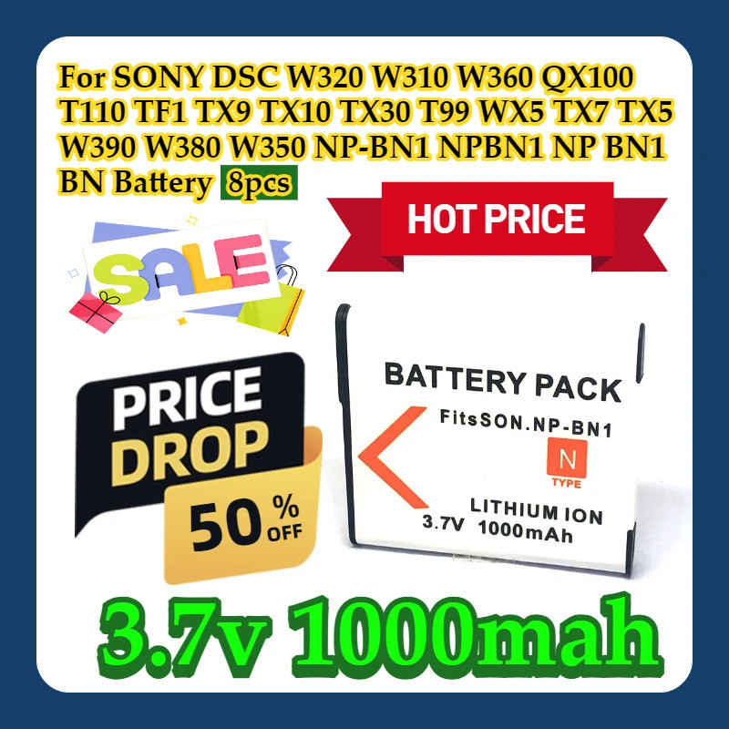 Para SONY DSC W320 W310 W360 QX100 T110 TF1 TX9 TX10 TX30 T99 WX5 TX7 TX5 W390 W380 W350 NP-BN1 NPBN1 BN1 Bateria 8pcs
