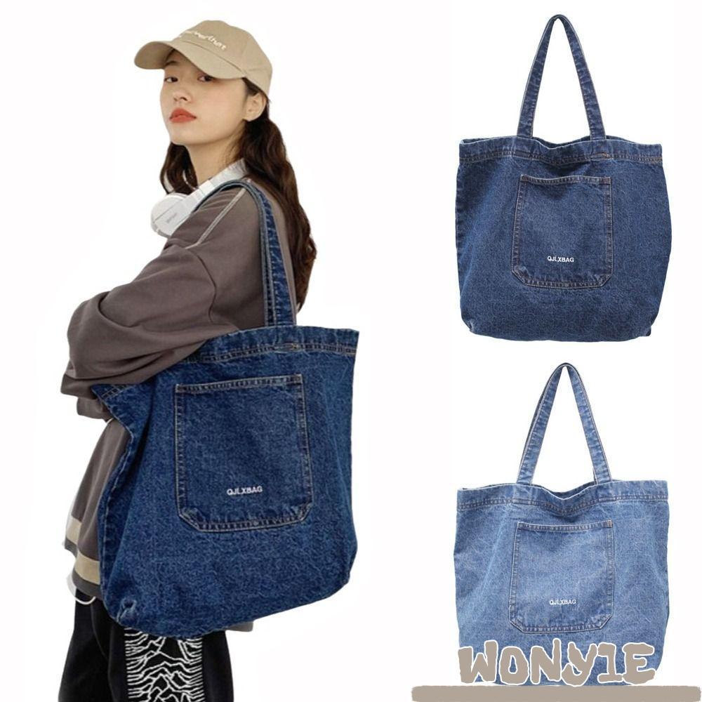 Bolsa De Ombro Jeans WONY1E , Sacola Retrô De Lona De Cor Sólida , Unissex Macia Versátil De Grande Capacidade