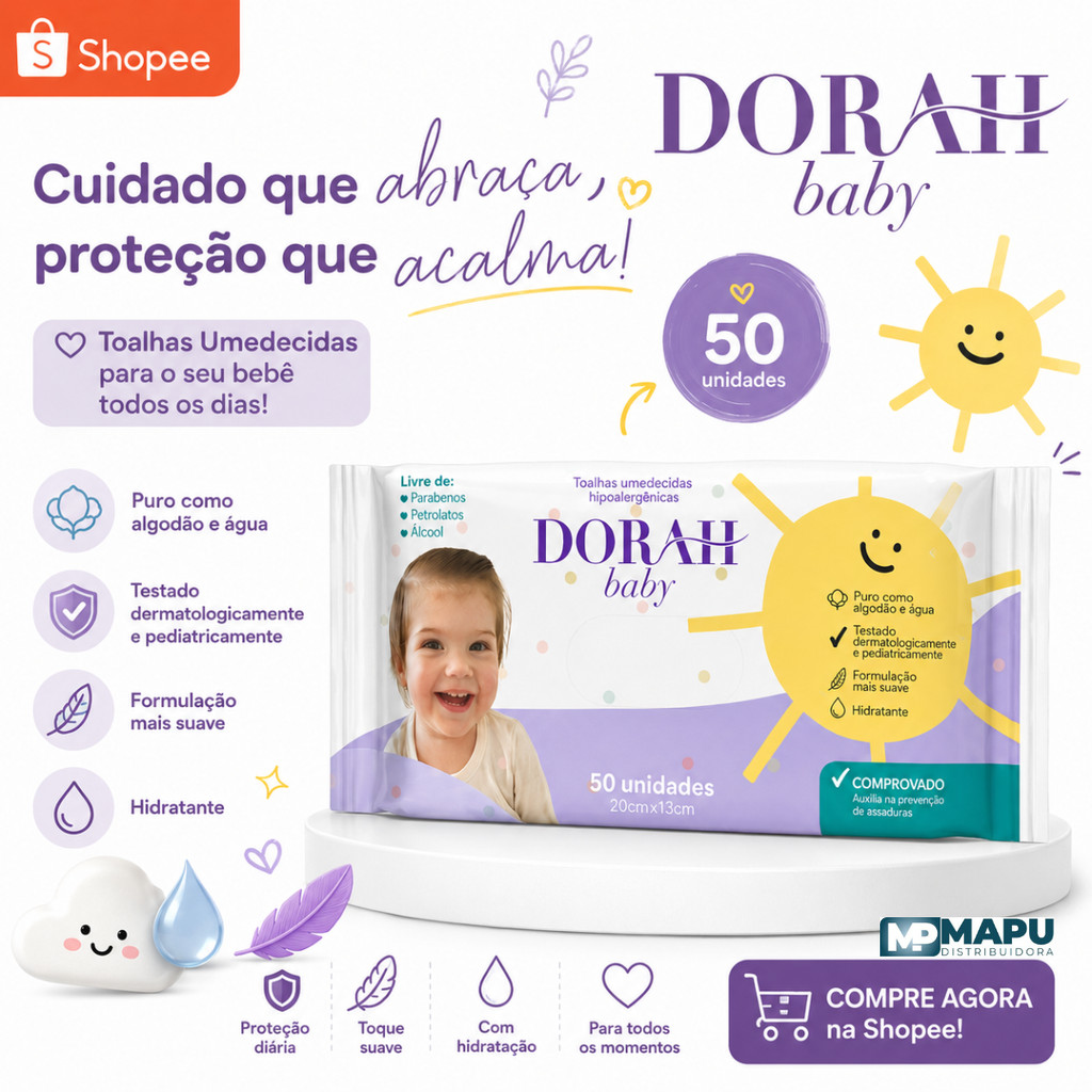 Toalhas Umedecidas Sem Álcool - com 2, 3, 4 ou 5 pacotes - 50 Folhas | Dorah Baby