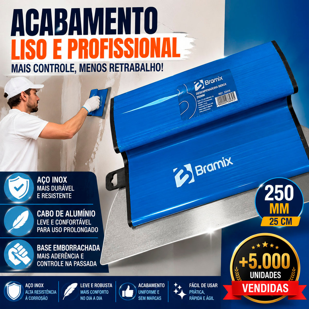 Desempenadeira 25cm Inox Cabo Alumínio Emborrachada Bramix Massa Corrida Gesso E Acabamentos