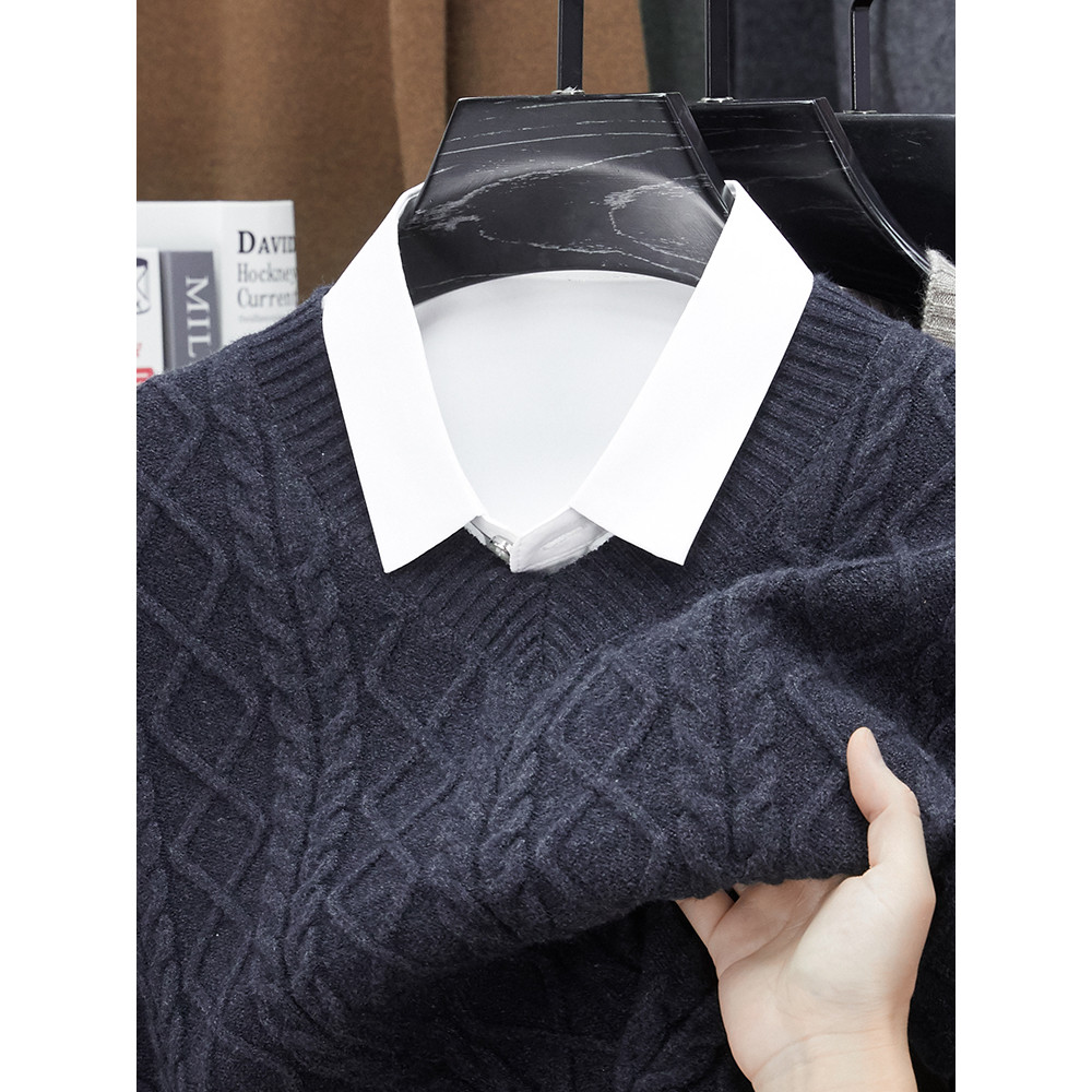 Hengyuan Xiang frango coração colarinho camisa de caxemira masculina grossa com decote em v lã camisa de fundo gola pêss