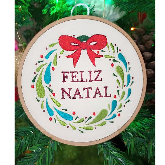 Decoração de Natal Bordado Feliz Natal bastidor 17 cm