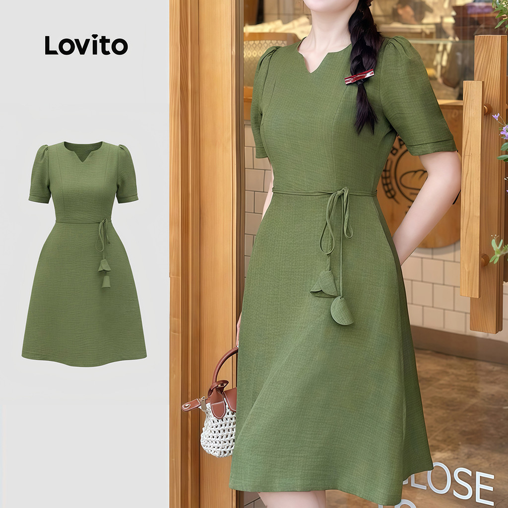 Lovito Vestido Casual com Cinto e Barra de Babados Verde Primavera/verão para mulheres LK5ED804