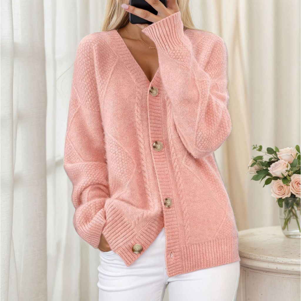Cardigan De Malha De Manga Comprida Com Decote Em V De Cor Sólida E Jaqueta Suéter Jacquard Peito Para Mulheres