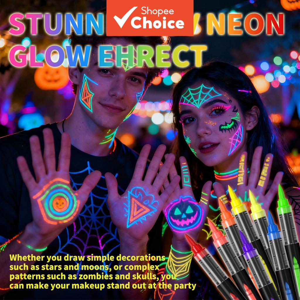 Marcador de Tinta Corporal Fluorescente UV Neon, Caneta de Pintura Facial Seca Rápida que Brilha sob Luz Negra para