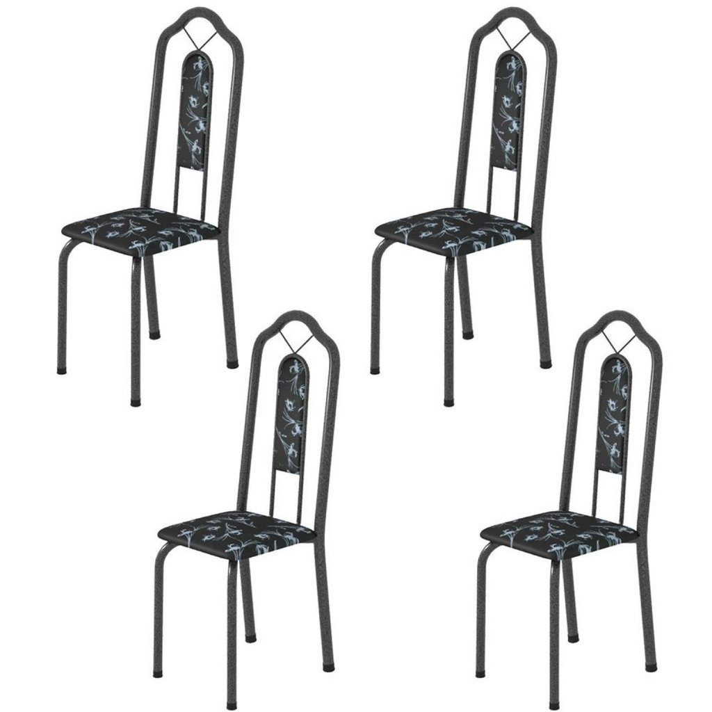 Kit 4 Cadeiras Tubular Bianca Prata/Martelado/Preto Floral Martelado Prata/Preto Floral