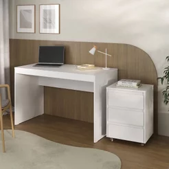 Conjunto Escrivaninha Office Mesa 120cm e Gaveteiro 3 Gavetas com Rodízios Cali Branco Branco