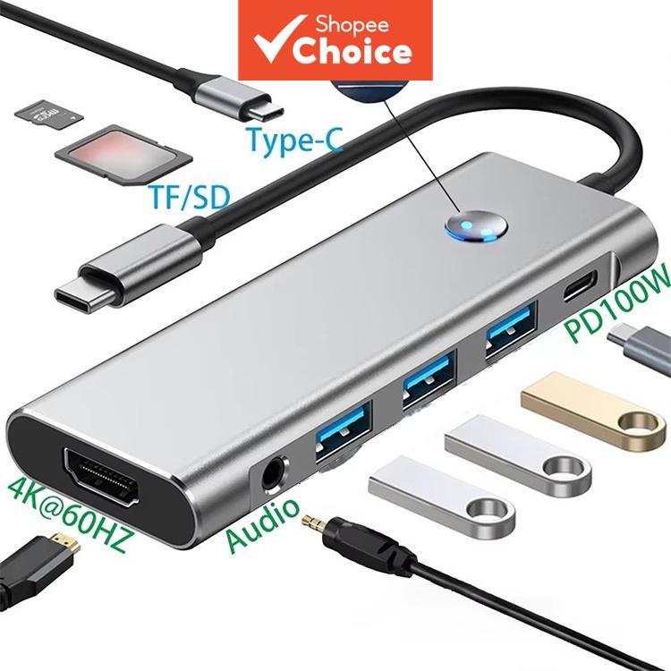 Adaptador 9 em 1 Tipo-C USB Hub 4K 60Hz HDTV 3,5mm Aux Multi USB3.0 Leitor de cartão TF/SD com tela de descanso para