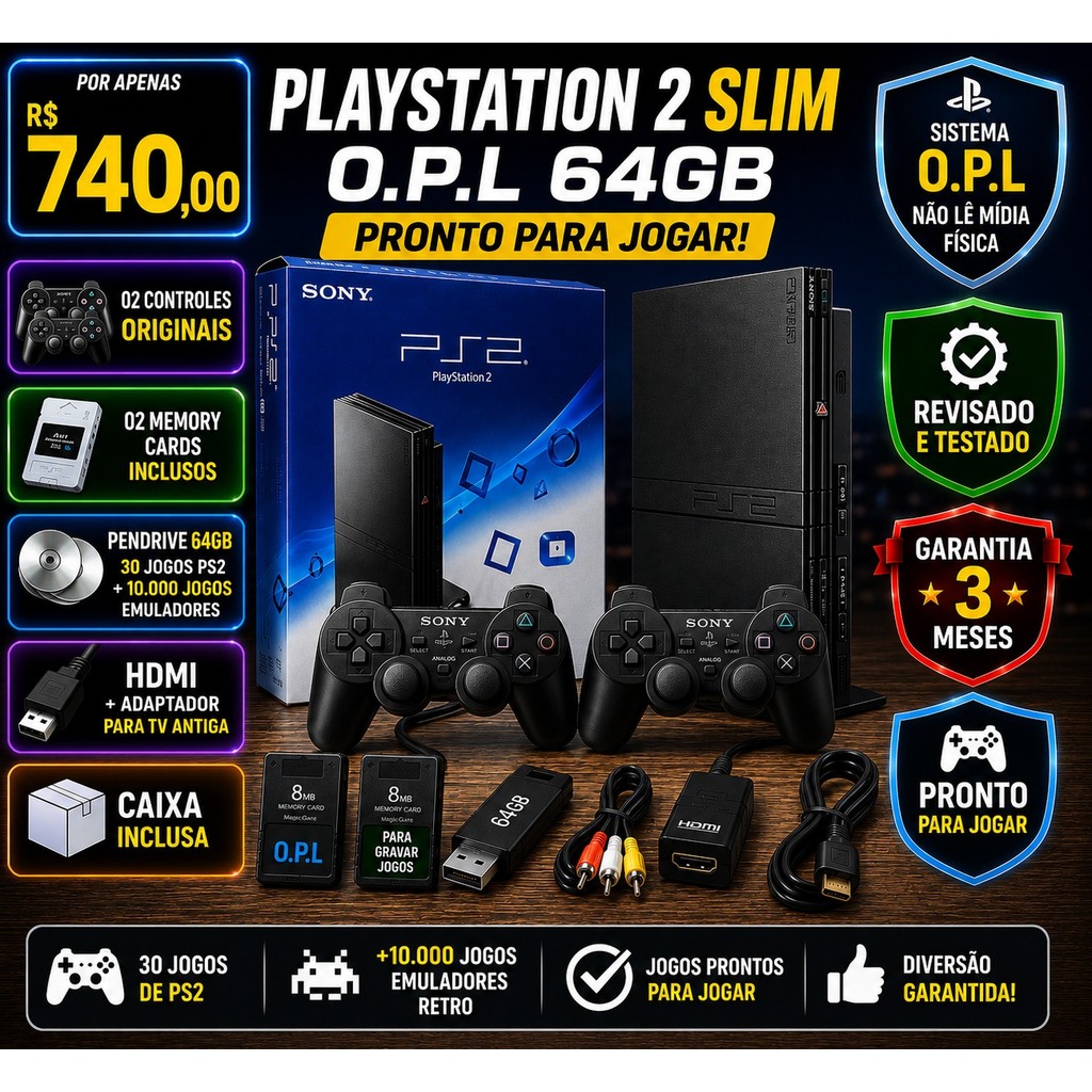 PLAYSTATION 2 SLIM O.P.L 64GB + 02 CONTROLES ORIGINAIS + 02 MEMORY CARDS + HDMI + JOGOS + CAIXA  PRONTO PARA JOGAR