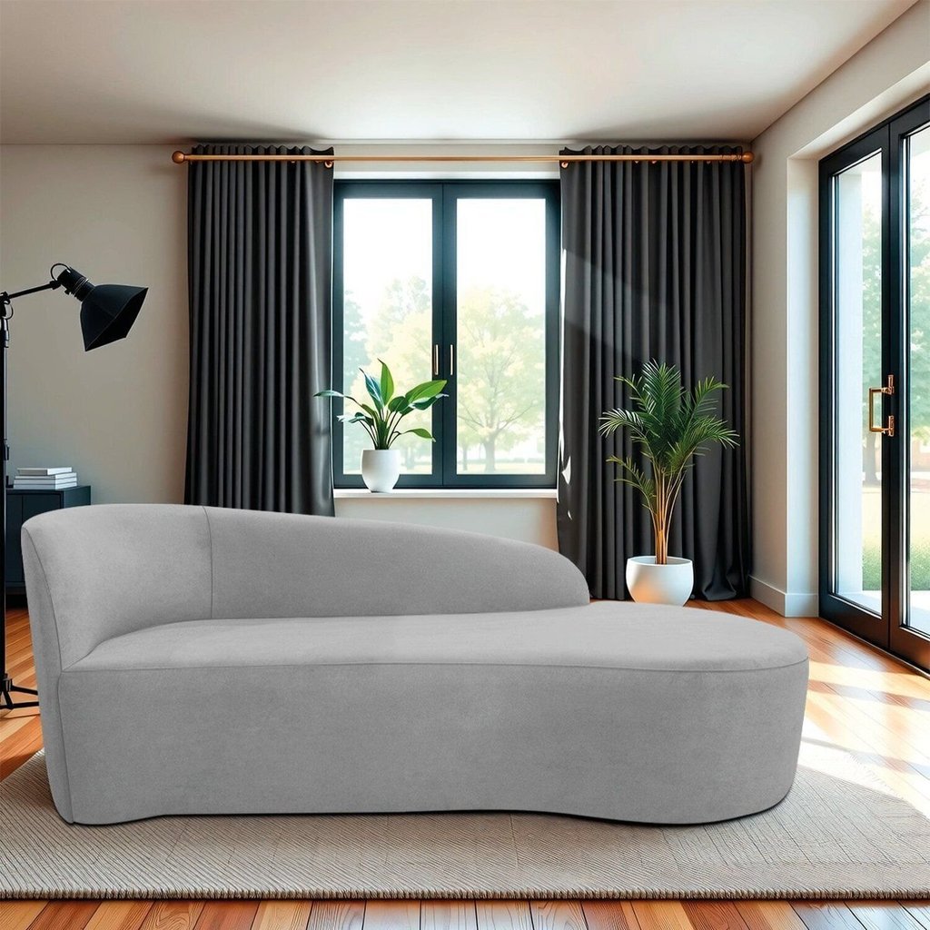 Recamier Curvo Orgânico 140cm 2 Lugares Lado Direito para Sala de Estar em Linho Paris Cinza Claro Cinza/Claro