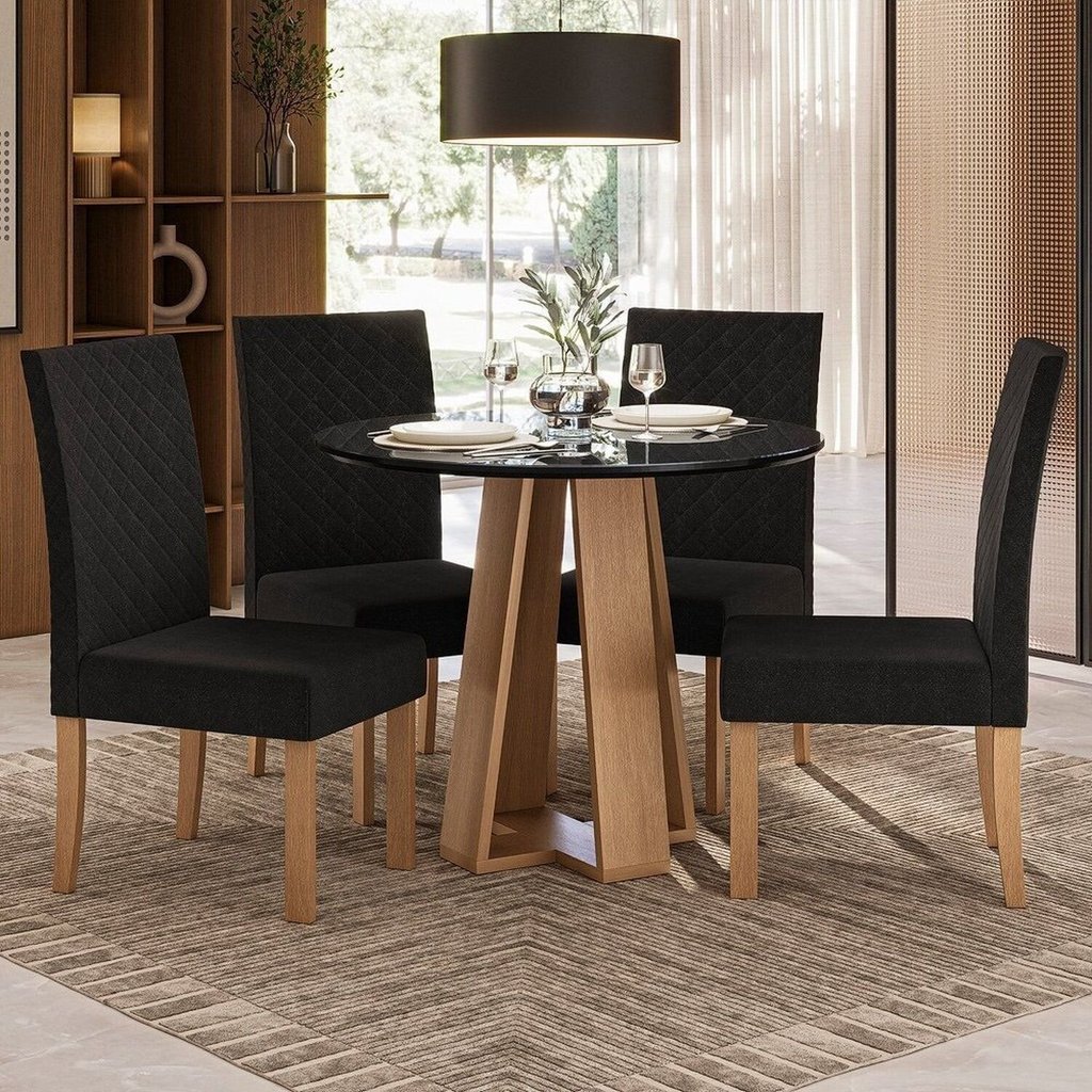 Conjunto Sala de Jantar 1 Mesa Redonda com 4 Cadeiras Preto/Mel Mel/Preto