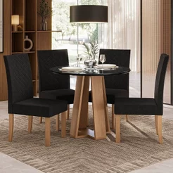 Conjunto Sala de Jantar 1 Mesa Redonda com 4 Cadeiras Preto/Mel Mel/Preto