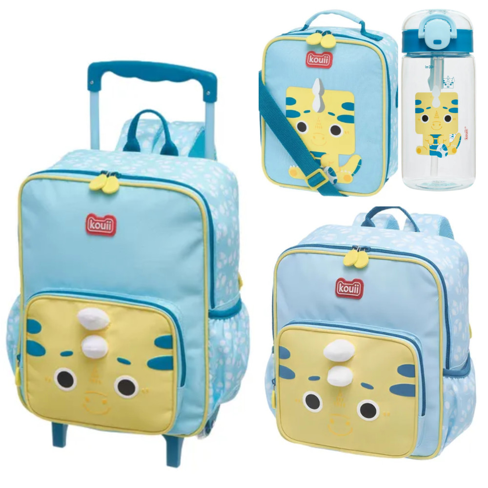 KIT C/ MOCHILA DE RODINHAS, MOCHILA COSTAS ,LANCHEIRA E GARRAFA 460ML KOUII FILHOTIIS DINO - PACIFIC