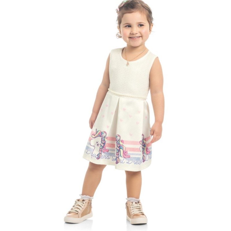 Vestido Infantil Verão Com busto em Laise e Cinto em Pérolas Unicórnio - Kamylus