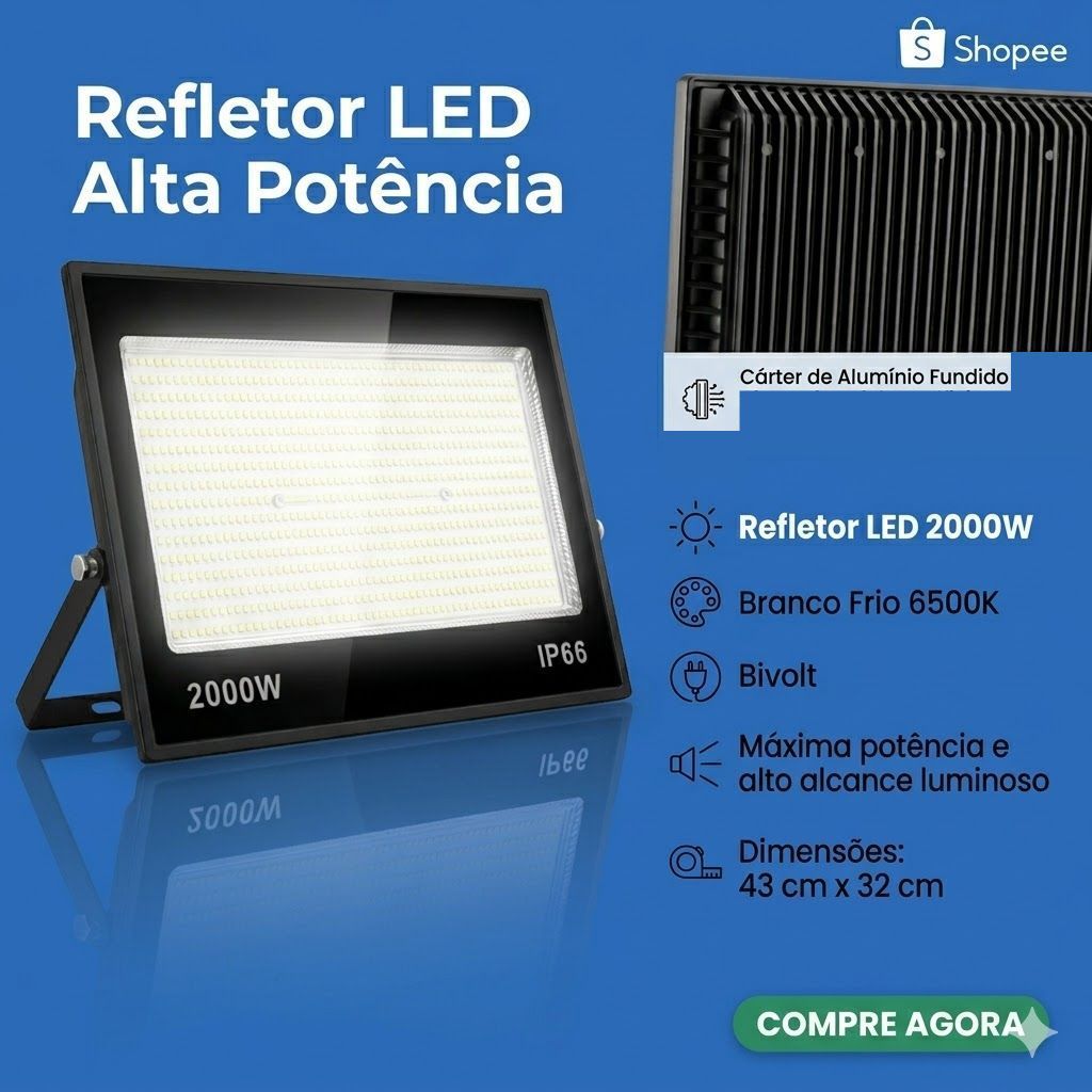 Holofote Refletor LED 2000W IP66 Bivolt Luz Branco Frio 6500K Refletor Alta Potência Externo