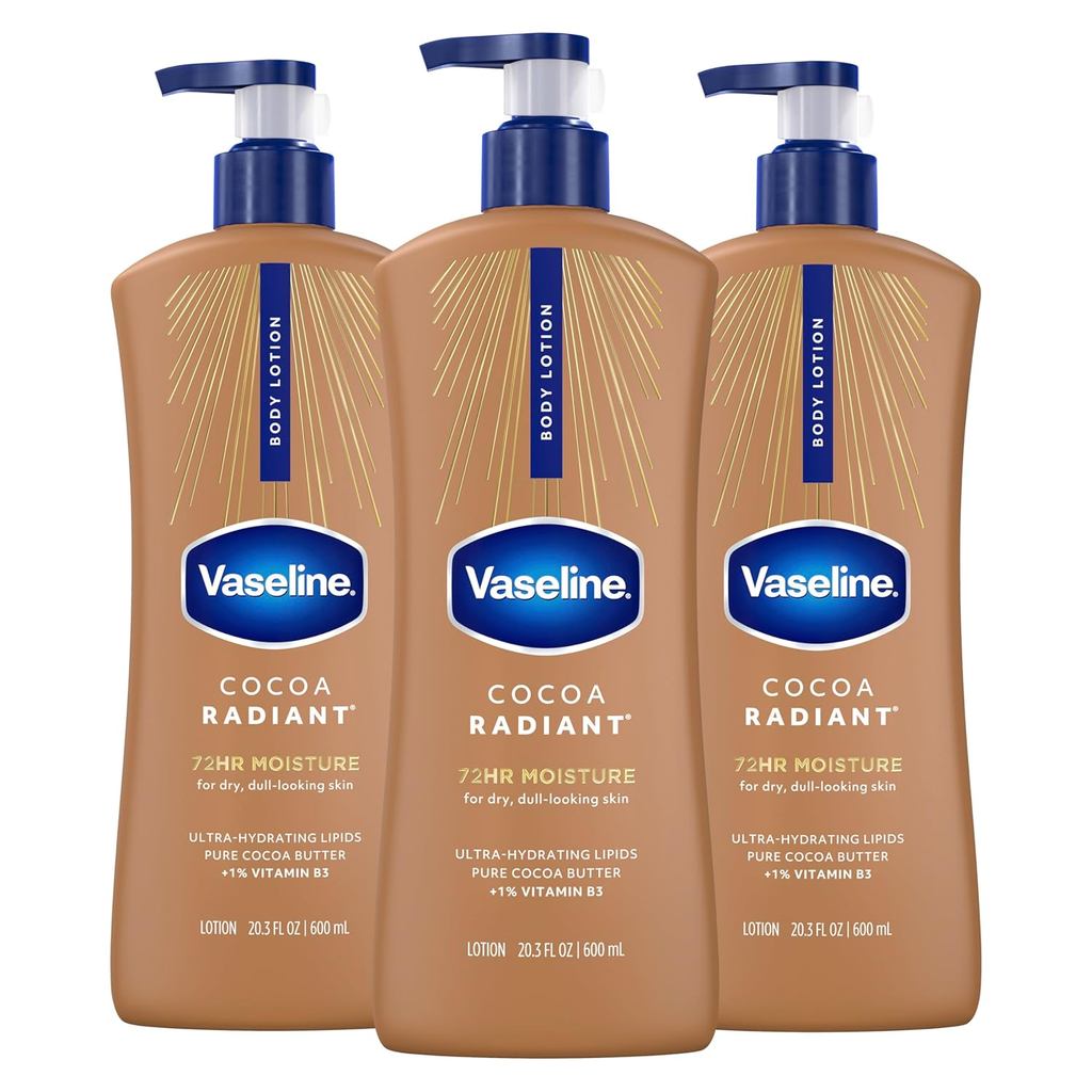 Loção Corporal Vaseline Intensive Care Cocoa Radiant, 3 unidades, para Pele Seca, Feita com Lipídios Ultra-Hidratantes e