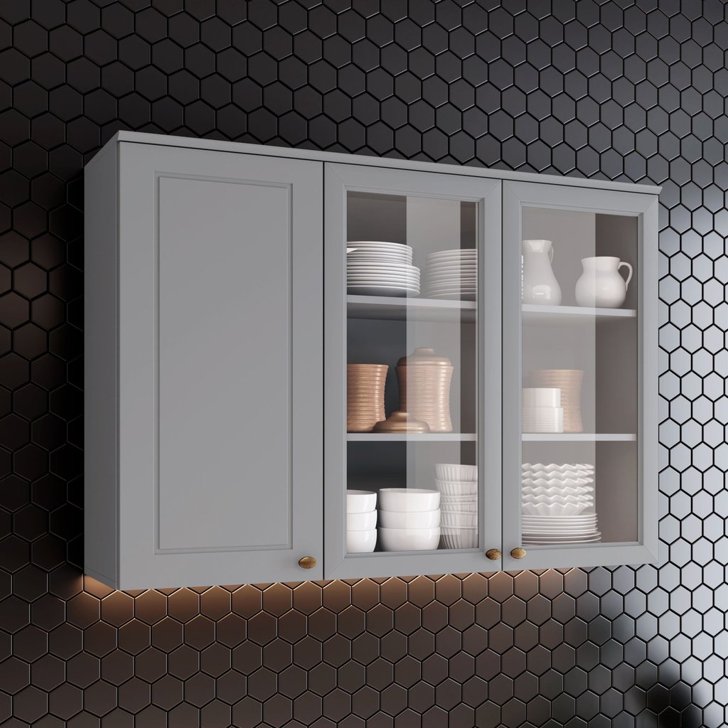 Armário Aéreo 120cm 100% MDF 03 Portas com Vidro Temperado Cinza Americana Cinza