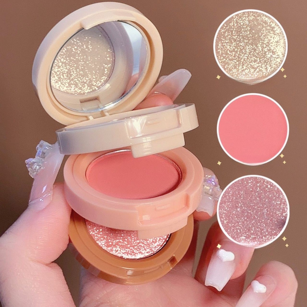 Paleta Facial Multifuncional De 3 Camadas , Blush Em Pó Iluminador Com Acabamento Brilhante Fosco , Maquiagem Compacta