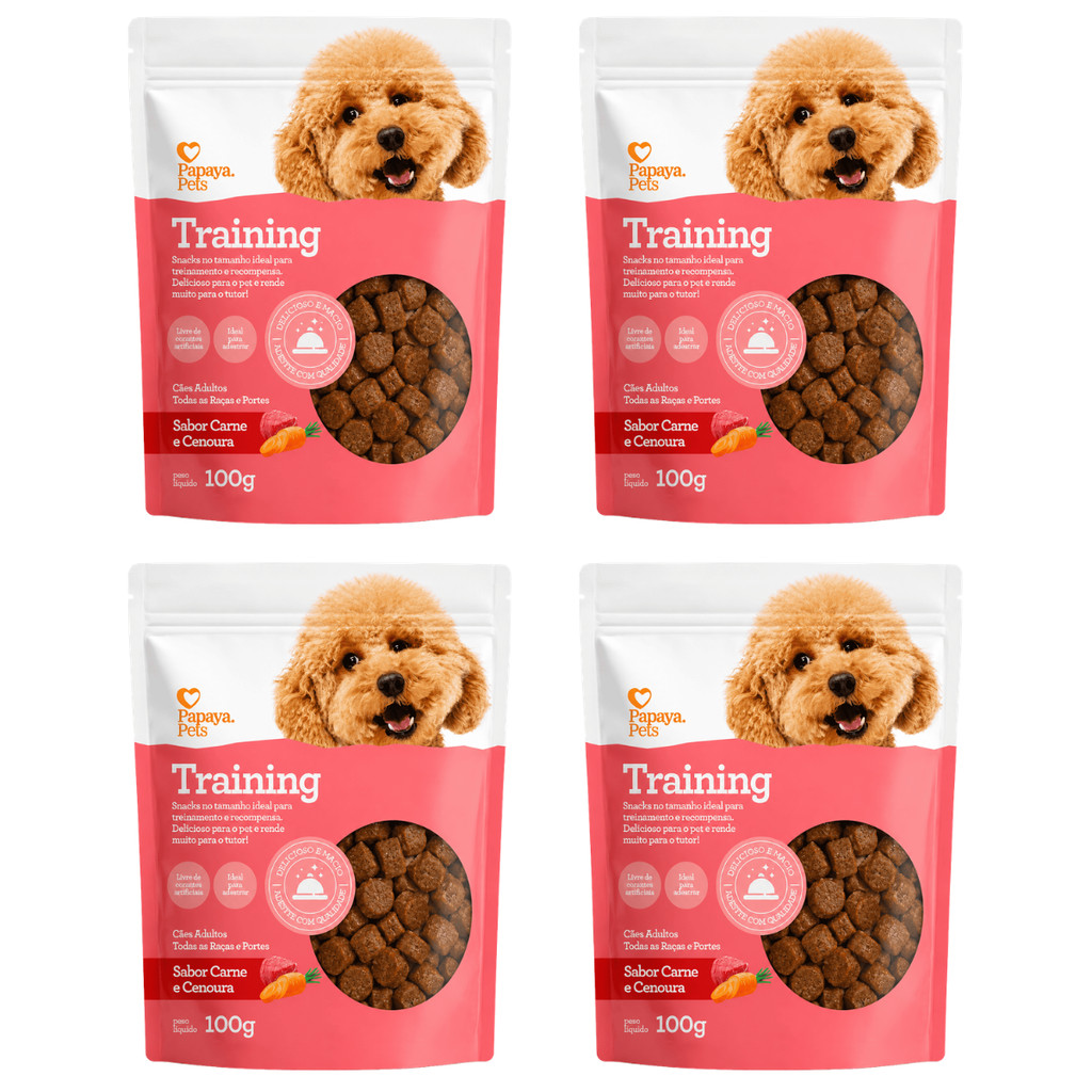 Kit 4 Petiscos Adestramento Cachorro Snack Training Recompensa Cães Carne Cenoura Papaya Pets 100g Premium