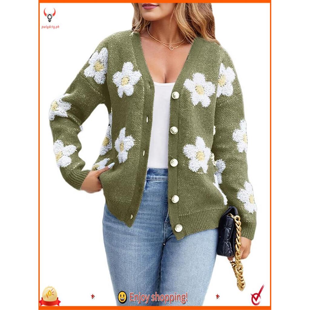 [edwiin77] Cardigã Feminino Com Estampa Floral , Manga Comprida , Botão Frontal Aberto , Gola V , Suéteres De Malha Verd