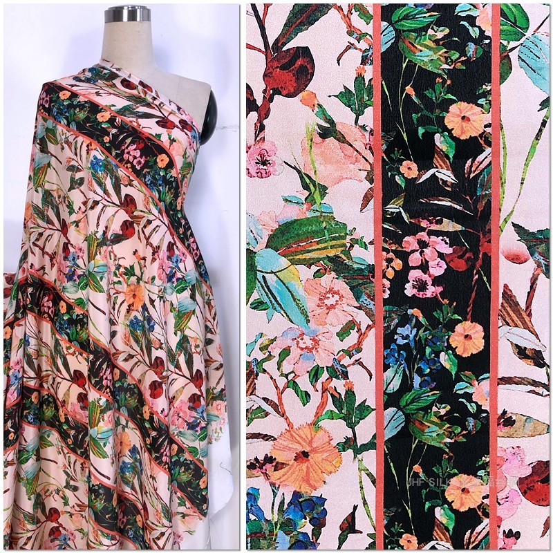 Vestido de tecido de seda amoreira vestido camisa tecido jato de tinta fosco 01 Crepe largo água rosa flor voadora