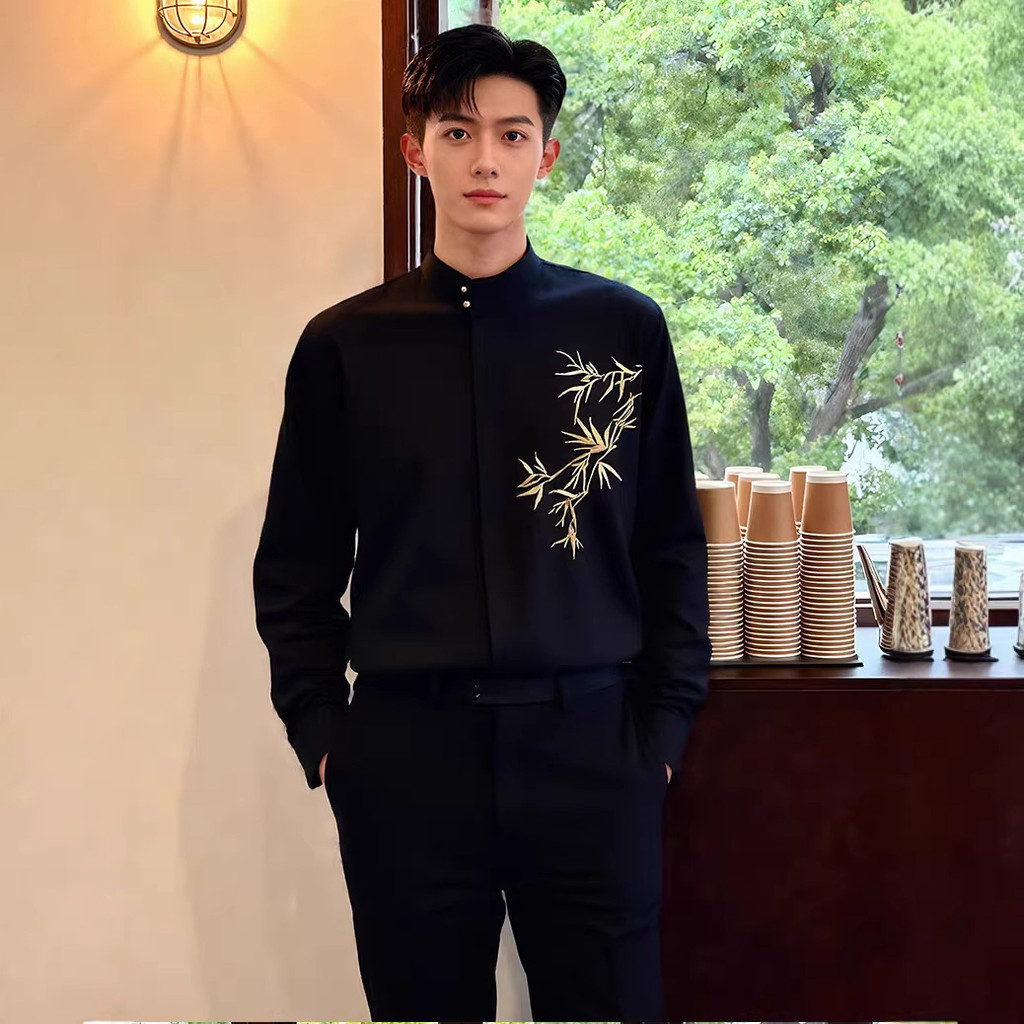 Nova camisa de gola alta em estilo chinês com bordado de bambu dourado, traje de noivado masculino, estilo tradicional c