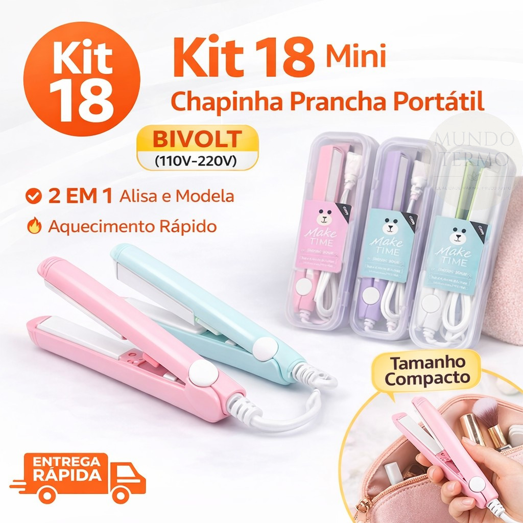 ✨ Kit 18 Mini Chapinha Bivolt Estojo Viagem | Atacado Revenda | Prancha Cabelo Portátil Pequena
