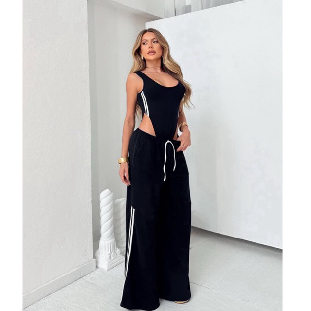 Conjuto Pantalona Feminino com Faixas Laterais Alfaiataria Body Regata Cavado + Calça Tendência Verão em Oferta na Shopee