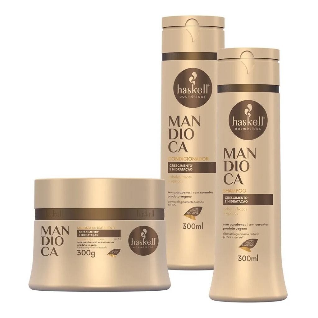 Kit Shampoo Condicionador e Máscara Mandioca 300 ml Haskell