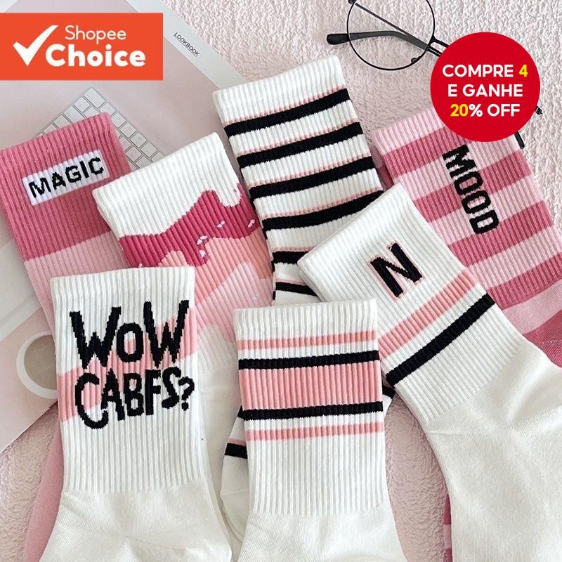 Meias Estilo Preppy Preppy Ladies Pink Letters Meias Estilo Mid-Tube Casual Sports Cute We...