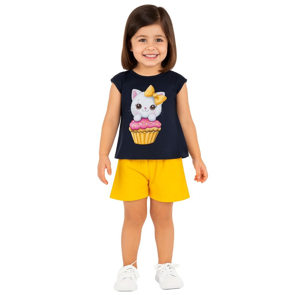 Conjunto Infantil Menina Verão Blusa Meia Malha e Short Moletinho Kyly 1000986