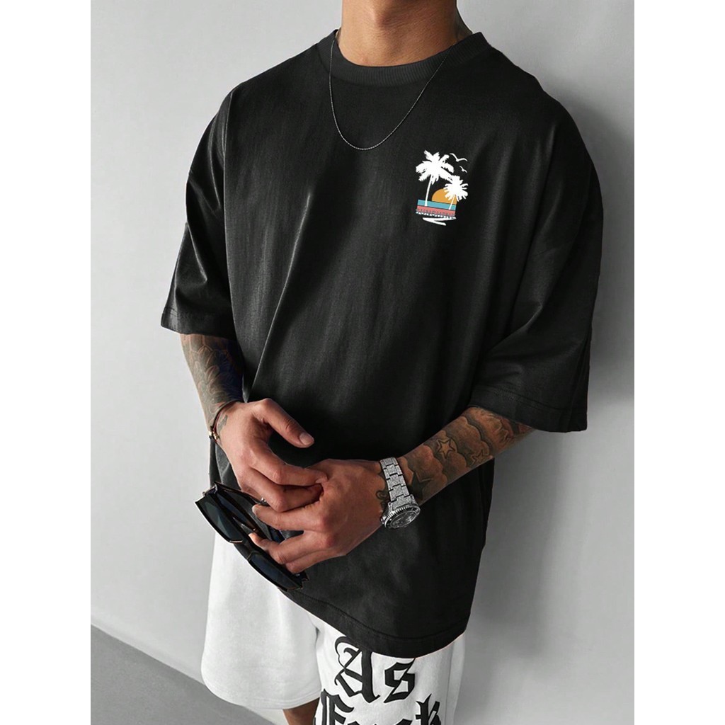 Camiseta de Manga Curta Casual Masculina com Estampa de Letra Tropical de Palmeira, para Sair, Presente de Namorado Tren