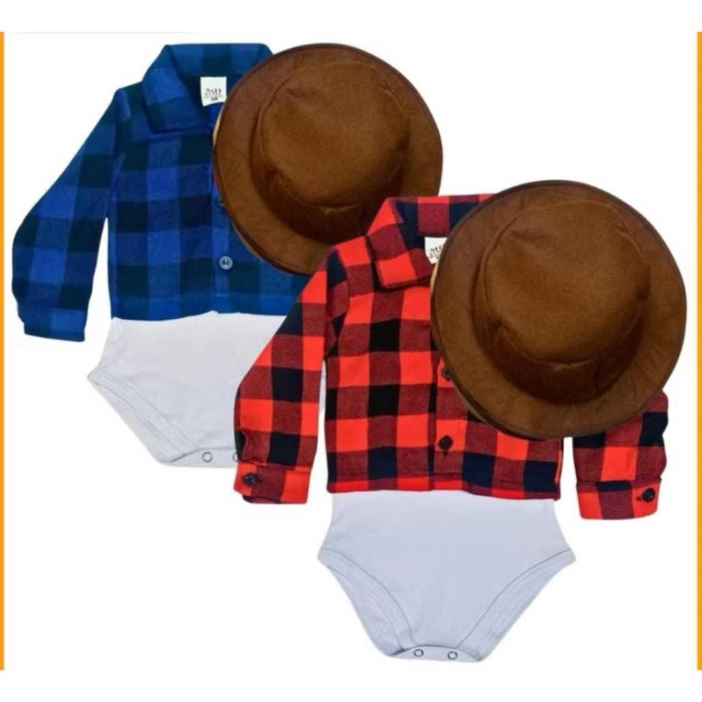 Body Camisa Bebê Xadrez Festa Junina São João Arraiá Menino Fantasia Caipira Infantil Roupa Junina Bebê