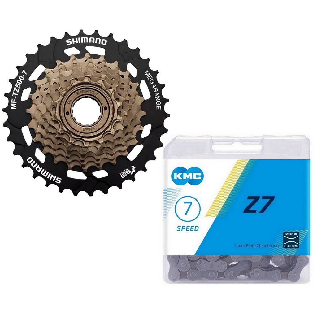CATRACA / RODA LIVRE SHIMANO TOURNEY MF-TZ500 14/34D MEGARANGE 7V + CORRENTE KMC Z7 116 ELOS - P/ CUBO DE ROSCA em Oferta na Shopee
