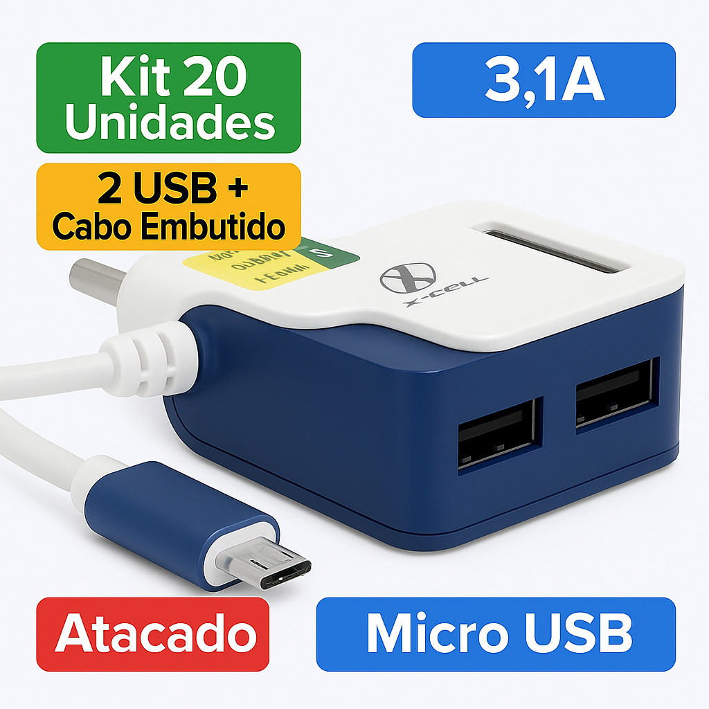 Kit 20 Carregadores Micro Usb V8 Cabo Embutido + 2 Usb 3.1a Atacado Revenda Barato