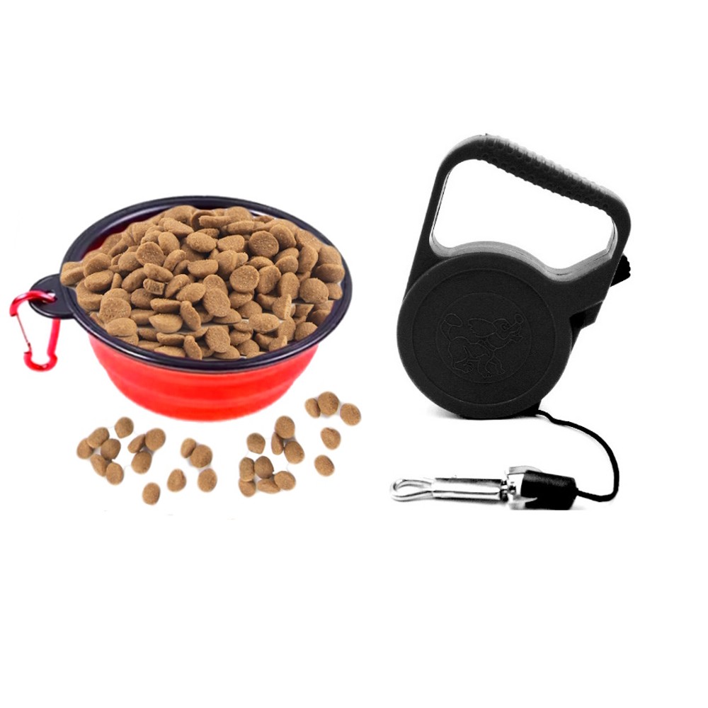 Kit Portátil Comedouro e Bebedouro + Guia para Passeio de Cachorros Pets