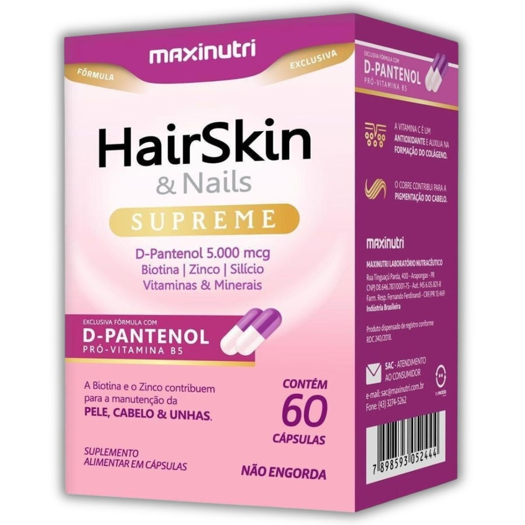 HairSkin & Nails Supreme Maxinutri com D-Pantenol 5mg – 60 cápsulas para fortalecimento