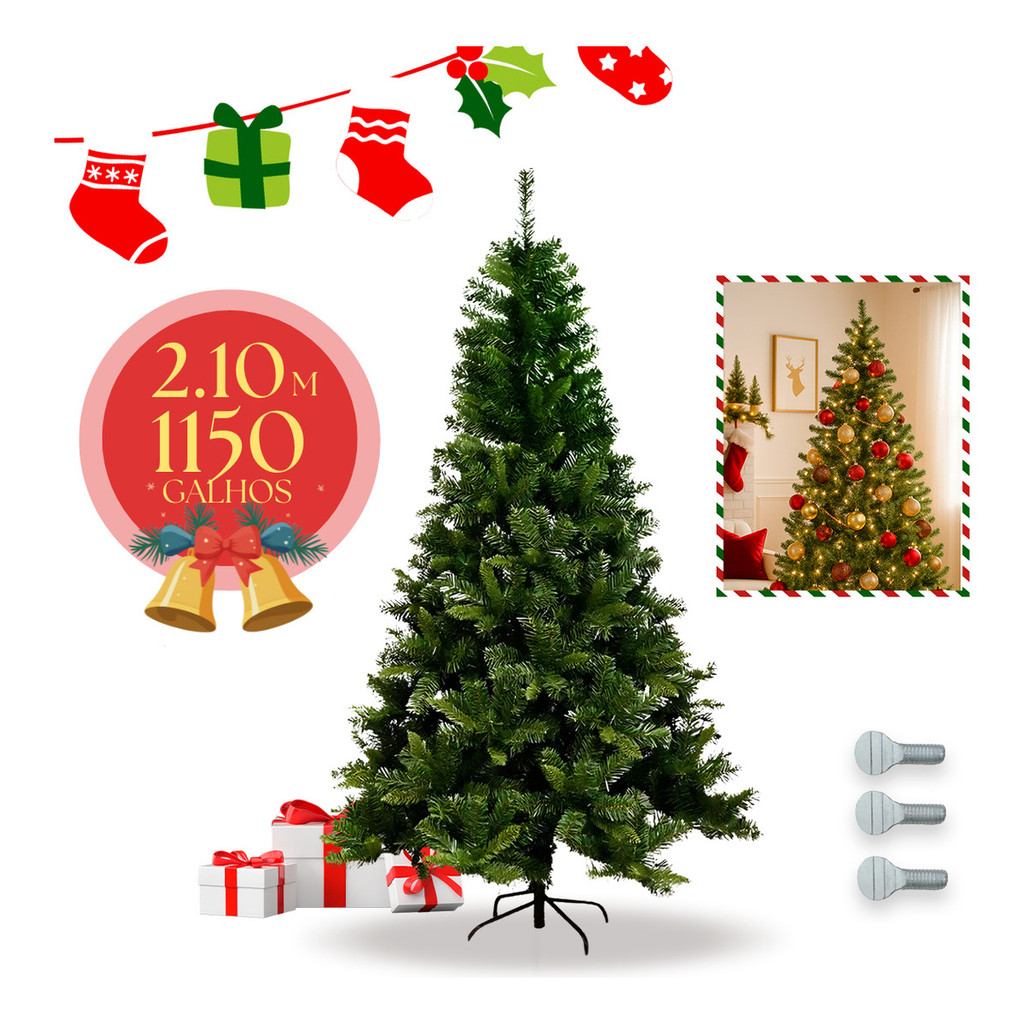 Árvore De Natal 2,10m 210cm Verde 1150 Galhos Pinheiro Canadense Cheios Grande Pé De Ferro Premium Nfe Luzes