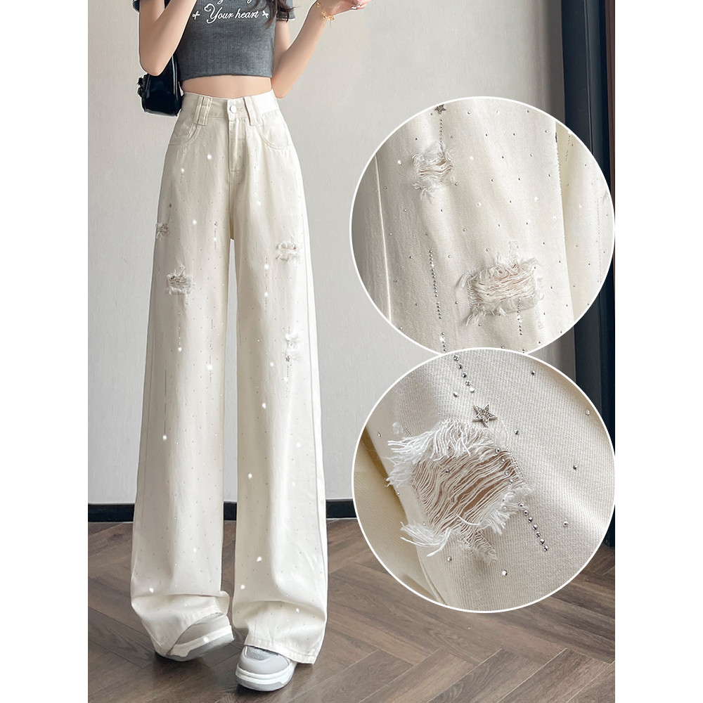 Calça Jeans feminina de seda gelo branca, perna larga, Super quente, rasgada, verão, cintura alta, cobertura de perna, s